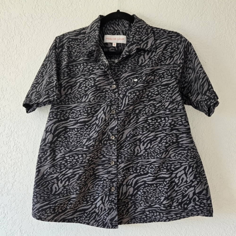 Peau De Loup Womens 8 Button Down Shirt‎ Grey Black Animal Print Cotton